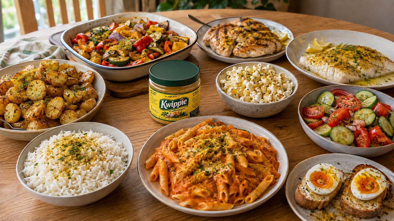Gezellige tafel met aardappelen, groenten, kip, vis, pasta, rijst, ei, salade en popcorn met geel Kwippie-poeder