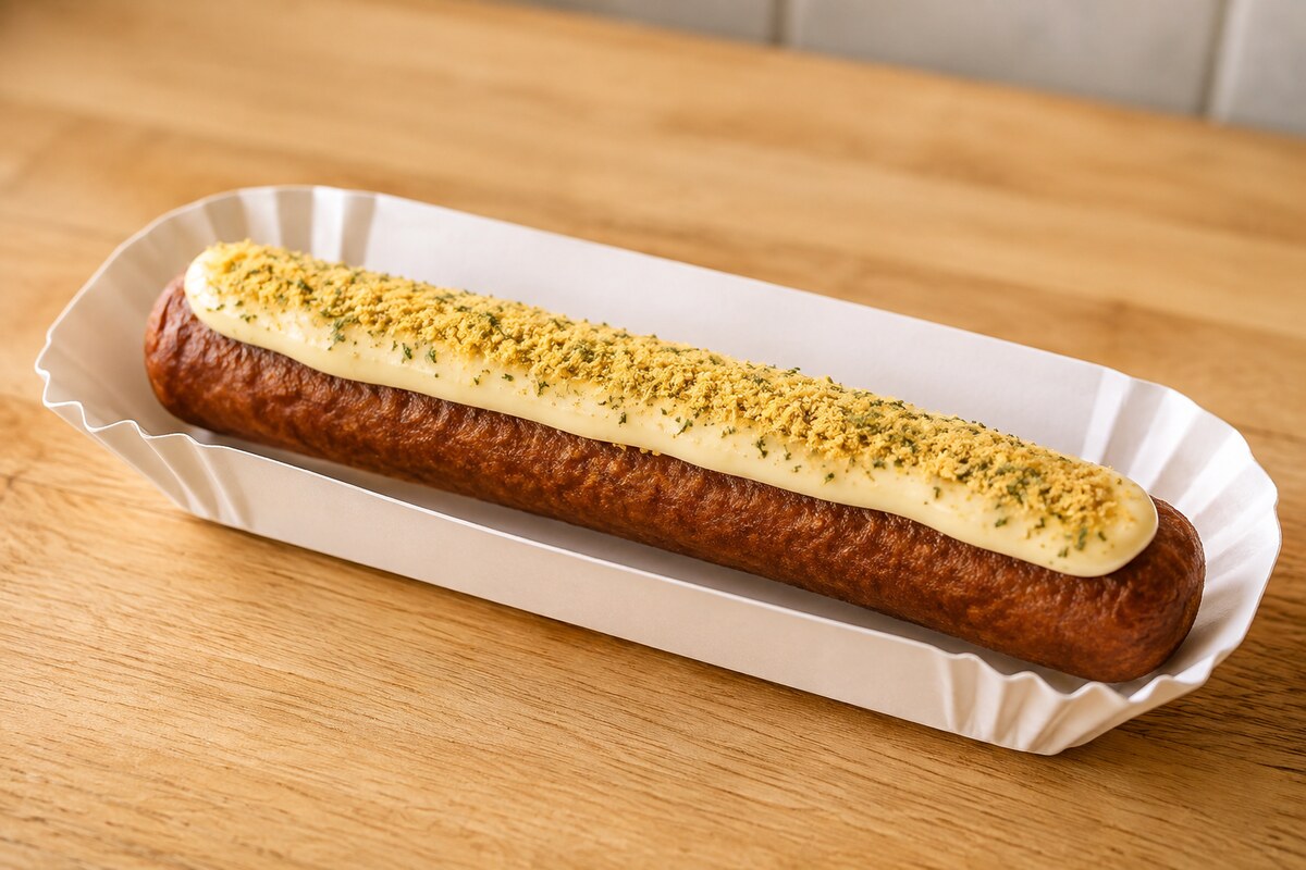 Traditionele frikandel met een streep mayonaise en lichtgeel Kwippie-poeder
