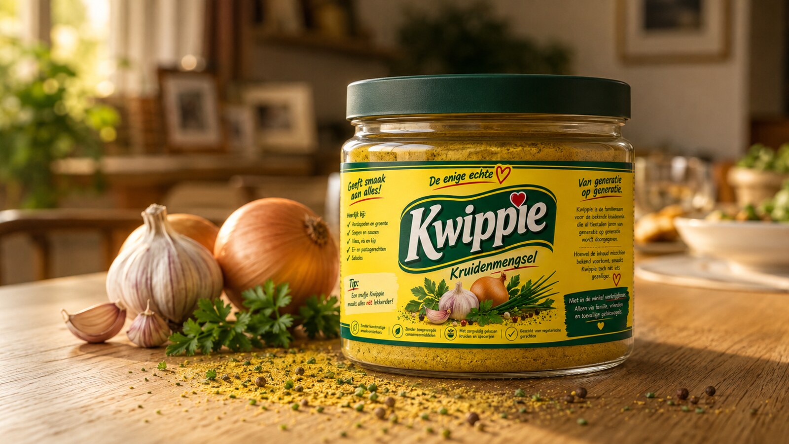 Rond glazen potje met geel Kwippie-kruidenpoeder en de Kwippie-wikkel