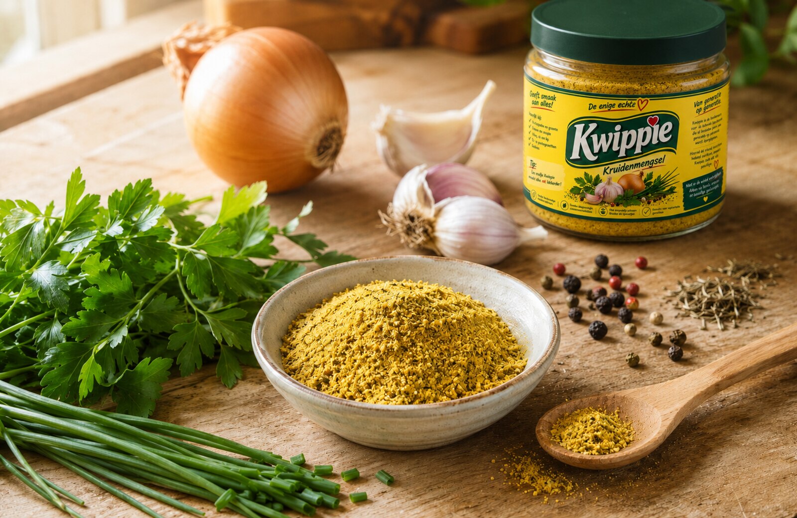 Geel kruidenpoeder met peterselie, bieslook, knoflook, ui en peperkorrels